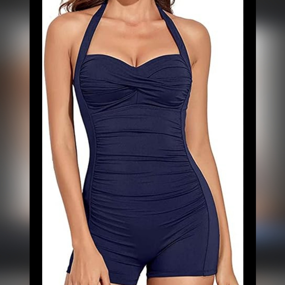 Ladies Halter Neck 1 Piece Bikini Bodysuit Swimwear - Blue